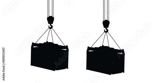 Two crates suspended by cranes a striking black silhouette