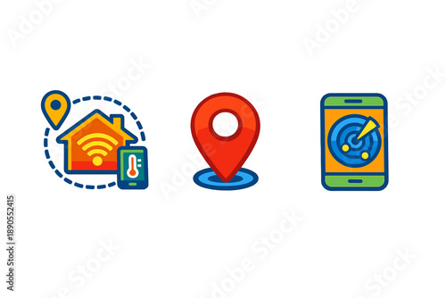 Icons represent smart home technology, location tracking, and mobile device usage for various activities in a modern urban setting
