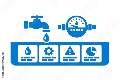 Water management system shows faucet, gauge, and icons for monitoring water flow and usage in plumbing