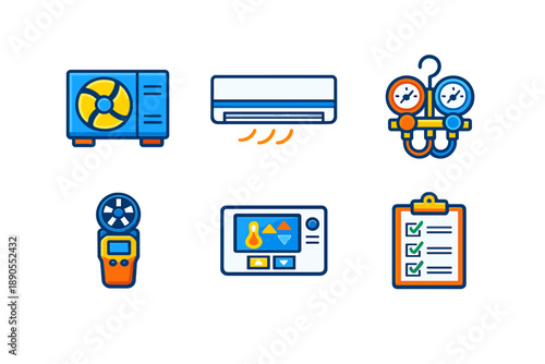 Air conditioning tools and equipment used for HVAC system maintenance and repair in a service environment