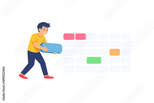 Boy carrying a blue block and placing it near colorful blocks on a grid background during a creative activity at home