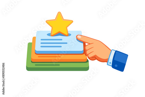 Multiple colored cards with a hand pointing at a star on top, showing a selection or rating activity that emphasizes importance or choice of the card, suitable for online applications