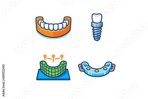 Various dental items including false teeth, a dental implant, dental molds, and orthodontic devices made for dental care and oral health