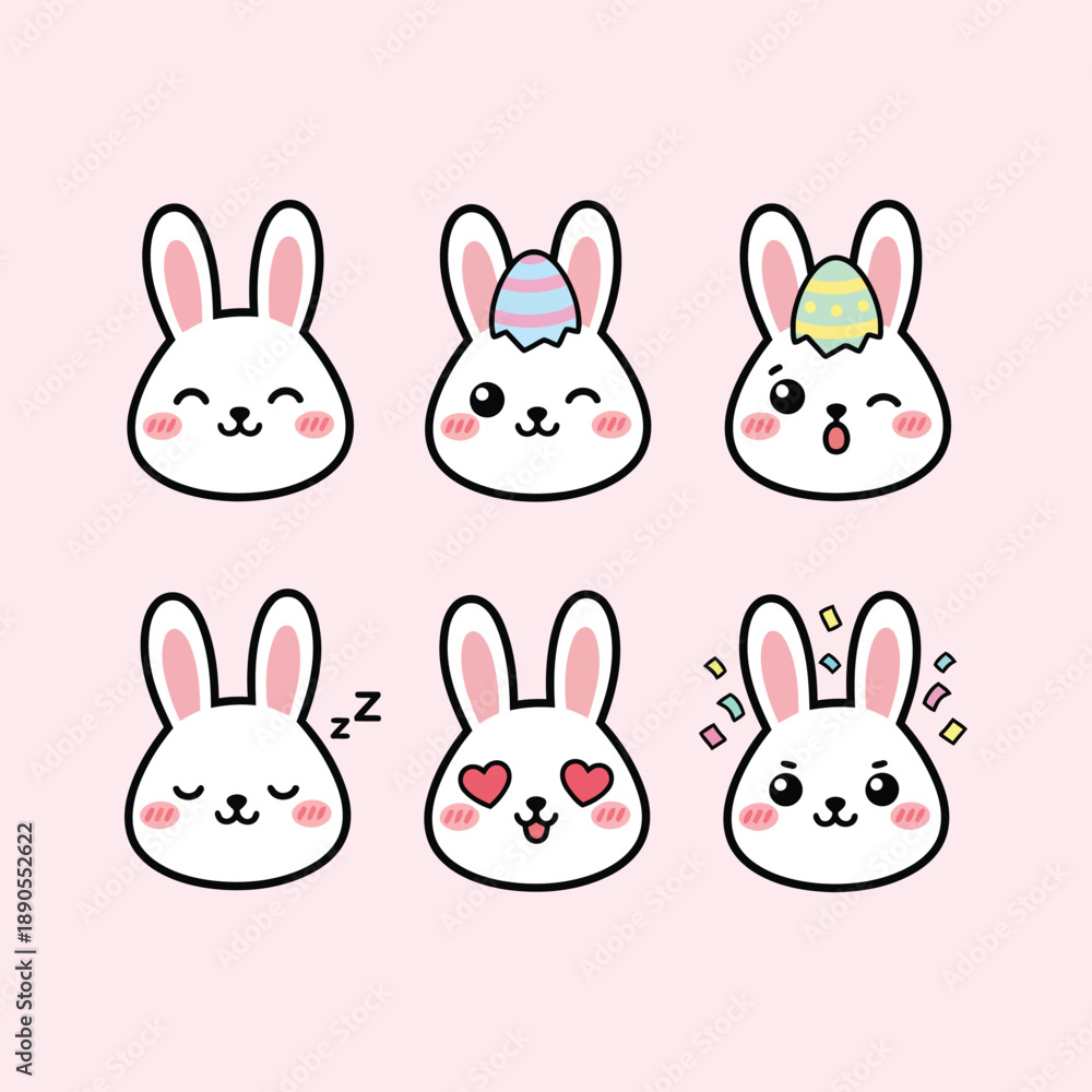 Fototapeta premium Cute Easter Bunny Face Expressions Emoji Style Kawaii Vector Set
