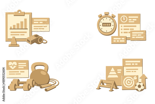 Fitness tools and elements used in workout planning and performance tracking during exercise sessions in a gym environment