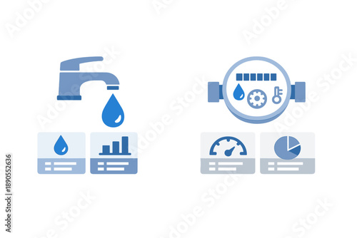 Water usage and measurement indicators with faucet and gauge symbols showing data and statistics