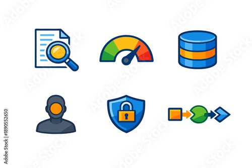 Icons representing data analysis, security, and user identification in a modern digital setting showing different tools and concepts