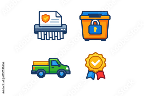 Icons show document shredding, secure trash bin, delivery truck, and award badge in a simple layout for business and service representation