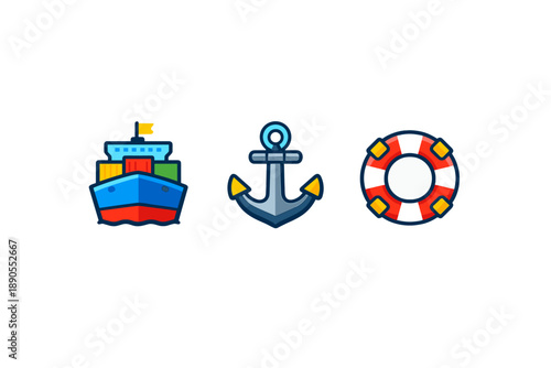Illustrations of a cargo ship, an anchor, and a life buoy showing marine symbols in a colorful style