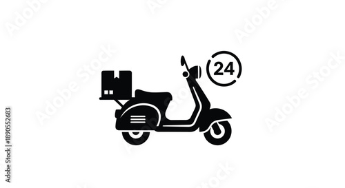 Black scooter with delivery box and number minimalist silhouette