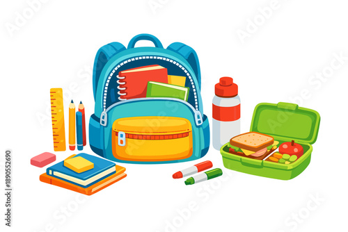 Backpack filled with school supplies and lunch items on a white background shown in a simple illustration style