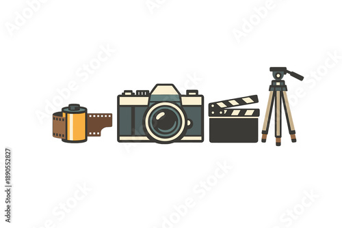 Gathering tools for creative work in photography and videography with camera, film, tripod, and clapperboard