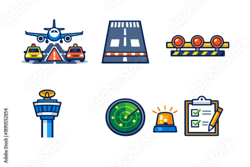 Airport traffic control systems manage arriving flights, runway conditions, and safety checks at air traffic control centers every day