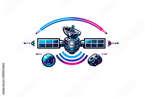 Graphic design of a satellite orbiting in space with planets and an asteroid in view during a science and technology themed event