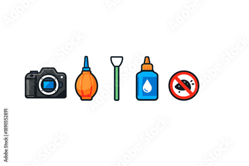 Various tools and symbols for cleaning, photography, and safety used in different tasks and projects at home or in workshops