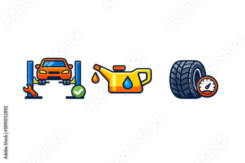 Car maintenance symbols showing vehicle lift, oil change, and tire pressure check at a service station