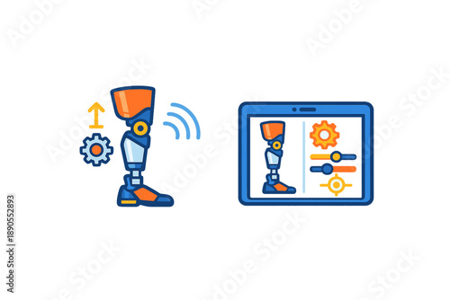 Innovations in prosthetics show a robotic leg next to a digital interface displaying settings for adjustment and control