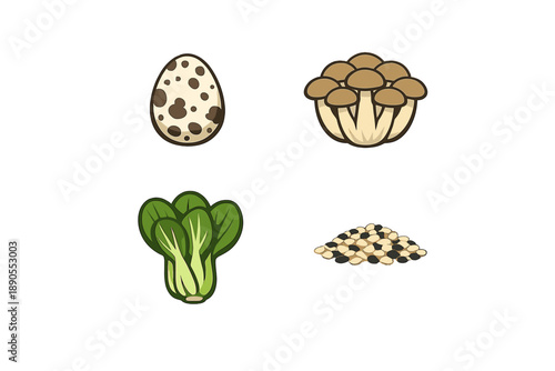 Different kinds of food items are displayed including a quail egg, mushrooms, bok choy, and a pile of seeds arranged in a clean setting