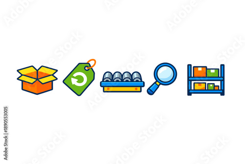 Icons showing various stages of inventory management and packaging processes in a warehouse setting