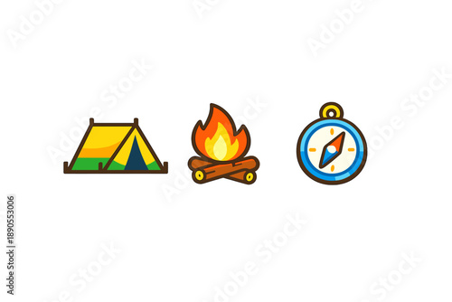Camping tent, campfire, and compass are shown together for outdoor adventure and exploration in nature