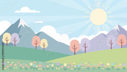 Pastel Landscape with Mountains, Trees, and Flowers Illustration.