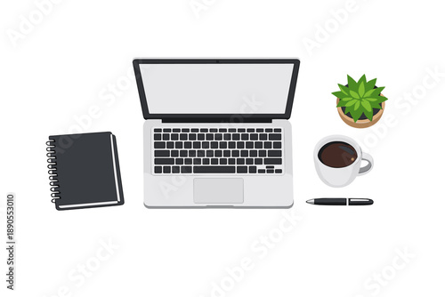 Laptop sits on a desk along with a notebook, coffee cup, pen, and a small plant during daytime in a workspace setting