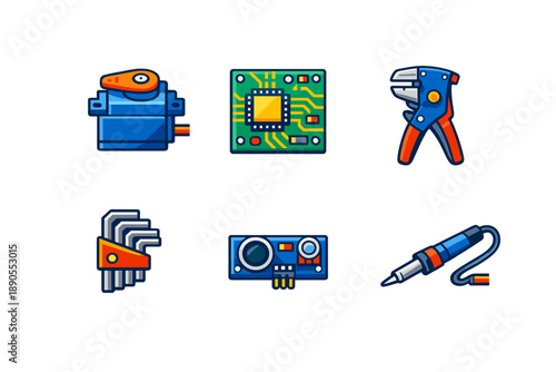 Set of tools and components for electronics projects found in workshops and labs