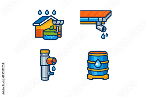 Water collection system includes a house with a rainwater storage tank, a gutter with a downspout, a pipe system, and a blue barrel for gathering rainwater