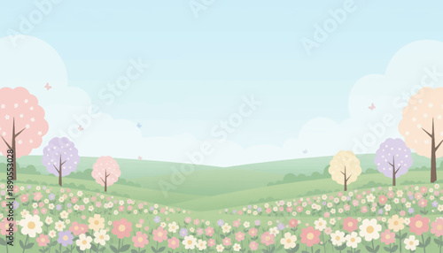 Pastel Spring Landscape with Blooming Flowers and Trees.