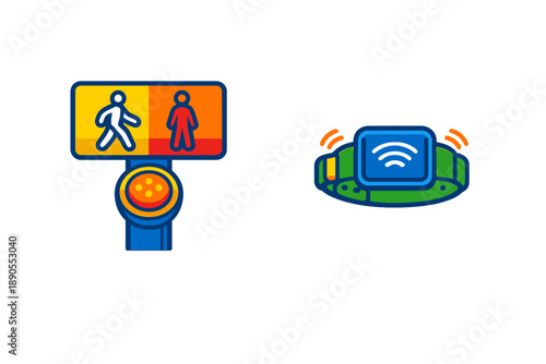 Sign showing pedestrian traffic light and a wearable device with wireless capability shown side by side in a design layout
