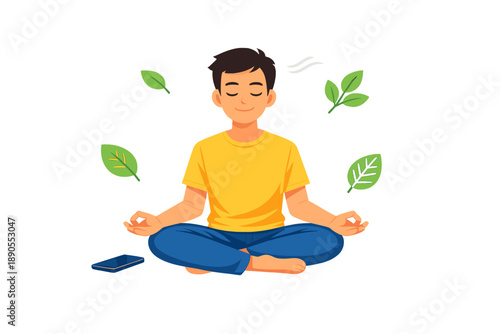 Young man sits in meditation position with a phone nearby and leaves floating around him in a simple outdoor setting during the day