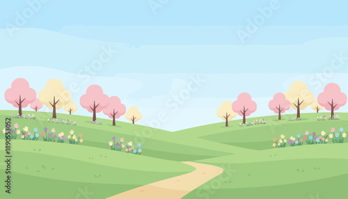 Serene Spring Landscape with Blooming Trees and Gentle Hills.