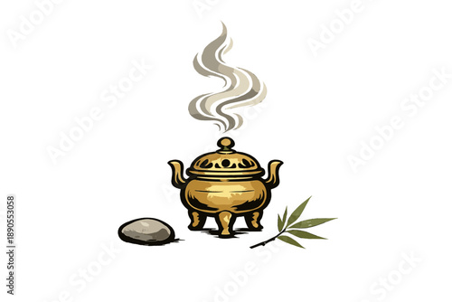 A brass incense burner sits beside a smooth stone and a bamboo leaf while smoke rises gently into the air