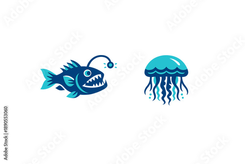 Underwater creatures like a fish with a light and a jellyfish in a simple, colorful design on a plain background