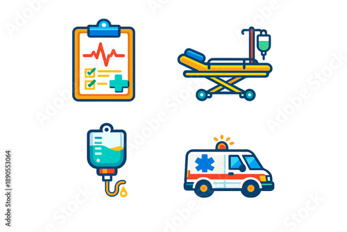 Icons of medical equipment and services used in hospitals showing health monitoring and emergency care during patient treatment