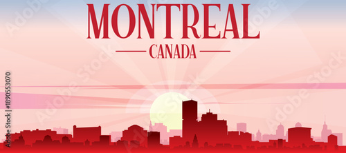 Red panoramic poster of the city skyline with misty background buildings, sunrise, moon and clouds of MONTREAL, CANADA