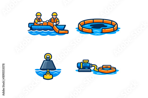 Workers respond to spill in water using equipment and tools during environmental cleanup efforts at a location near a shoreline