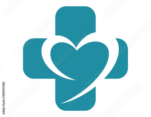 A teal medical cross with a white heart symbol on a clean white background, representing healthcare and wellness.