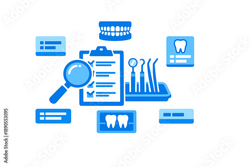 Dental tools and checklists for oral health examination in a clinic during the day in a modern dental office setting