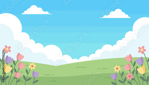 Vibrant Spring Landscape with Blooming Flowers and Rolling Hills.