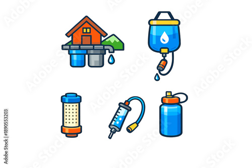Collection of water filtration tools and systems used for cleaning water in different locations at various times