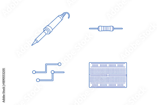 Various electronic tools and components used in circuit design displayed on a white background for educational purposes and reference in electronics