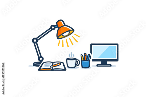 Workspace setup includes a lamp, book, coffee cup, pens, and computer on a desk during daytime