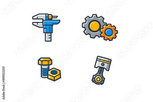 Tools and parts for engineering work displayed on a white background capturing the essence of mechanical work and design in a clear and organized manner for easy understanding