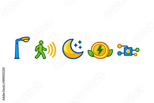 Icons representing walking, night, energy, currency, and connection in a simple and colorful design suitable for digital use
