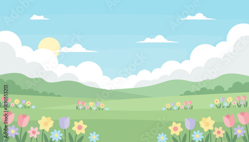 Vibrant Spring Meadow Landscape with Blooming Flowers and Rolling Hills.