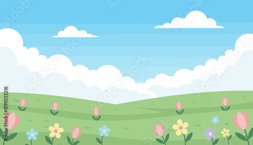 Vibrant Spring Meadow with Blooming Flowers and Clear Blue Sky.