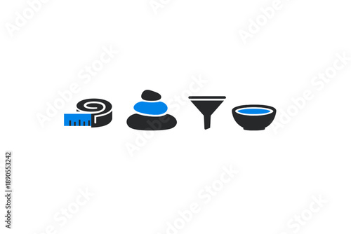 Symbols representing measurement, stacking, filtering, and containing in a simple graphic design
