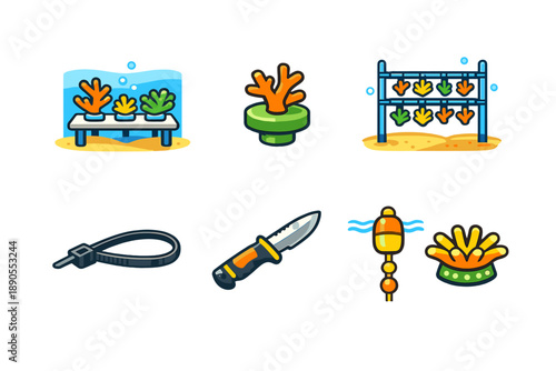 Different tools and items used in a marine environment for aquaculture or aquarium decoration near water bodies during a sunny day