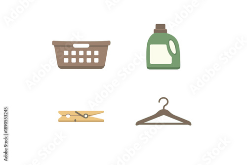 Laundry items laying on a flat surface include a basket, detergent, clothespin, and a hanger used for drying clothes in a home setting